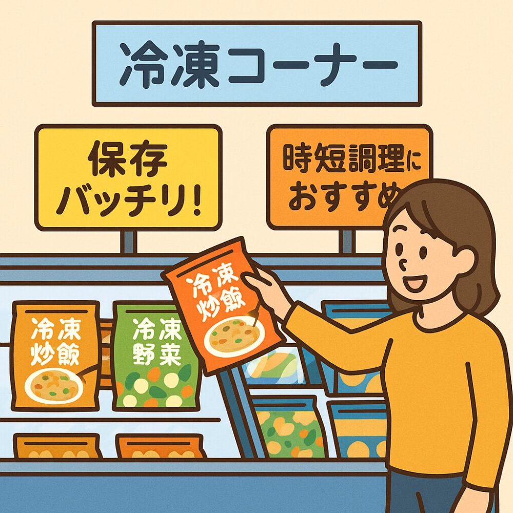冷凍炒飯や冷凍野菜が整然と並び、「保存バッチリ」「時短調理」POPが強調された冷凍ケース。お客様が商品を手に取ろうとする場面。
