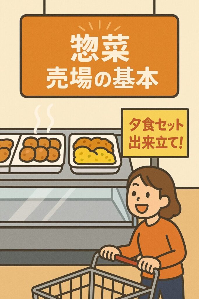 揚げ物から湯気が立ち上り、「夕食セット」「できたて」のPOPが売場を彩る。買い物客が夕飯のおかずを選んでいる様子を描写。