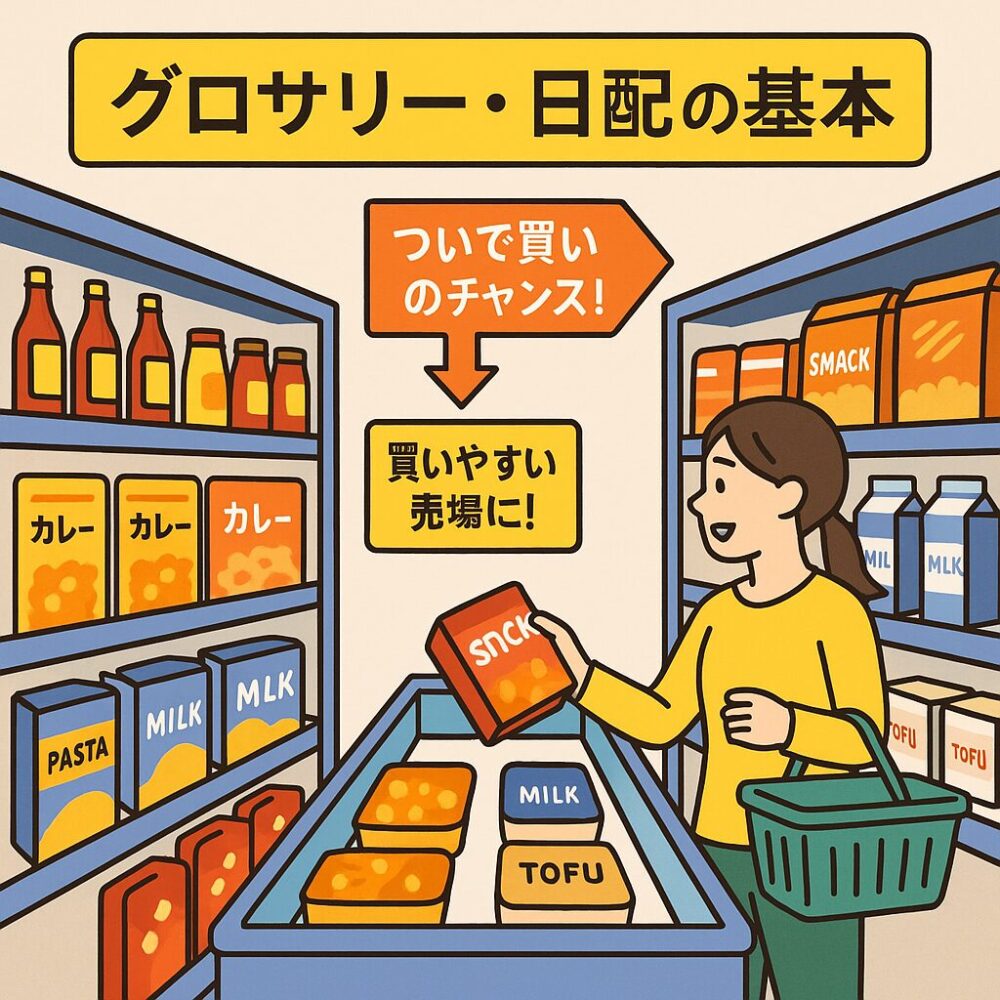 カレー、調味料、牛乳、豆腐などのグロサリー商品がゾーニングされた通路で、「ついで買いのチャンス」「買いやすい売場に!」のPOPが回遊性を高めている様子。