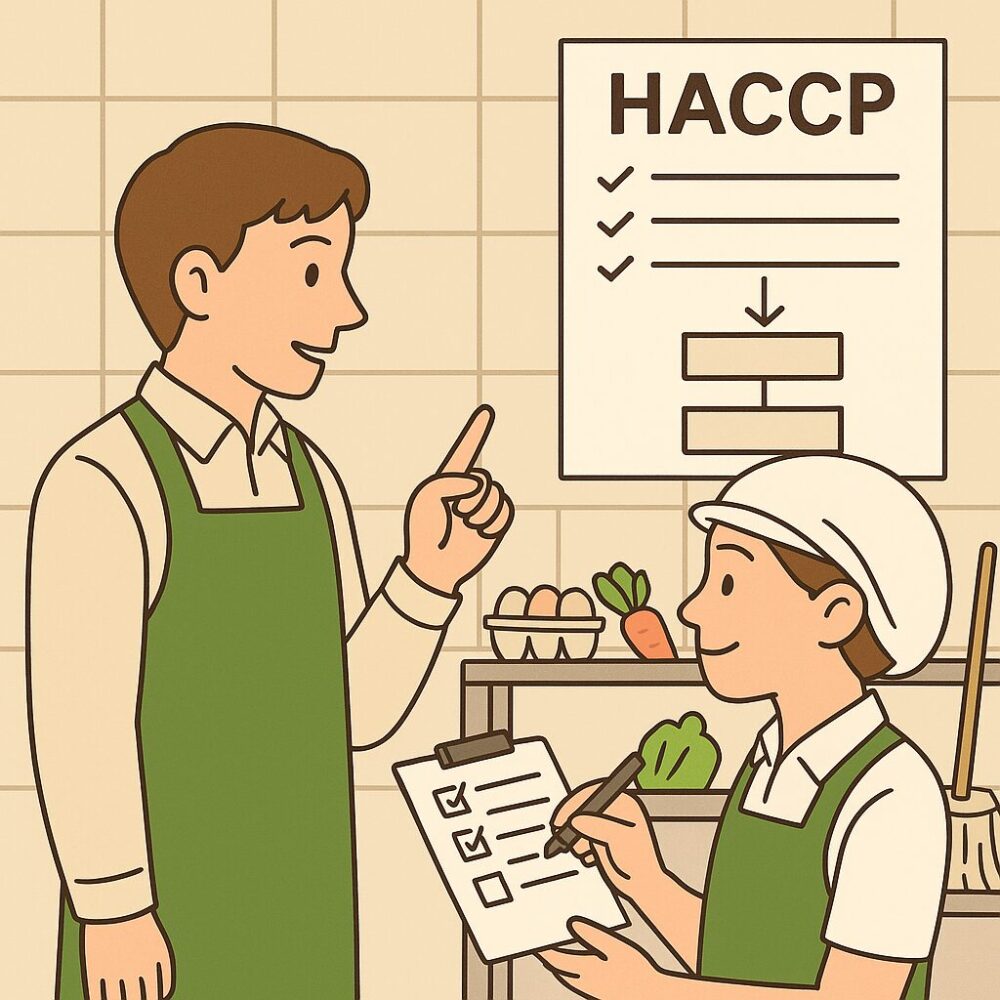 HACCP手順書を確認しながらスタッフに説明する様子。食品衛生の基本的な仕組みと現場導入の雰囲気を表現。
