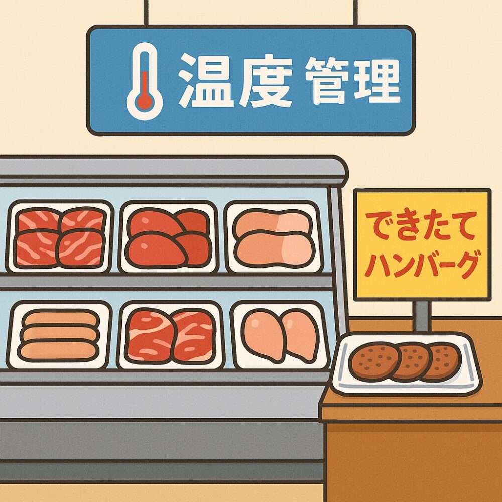 赤身・白身・加工肉がバランスよく陳列された精肉売場。温度管理された売場で、お客様が“できたてハンバーグ”のPOPに注目しているシーン。