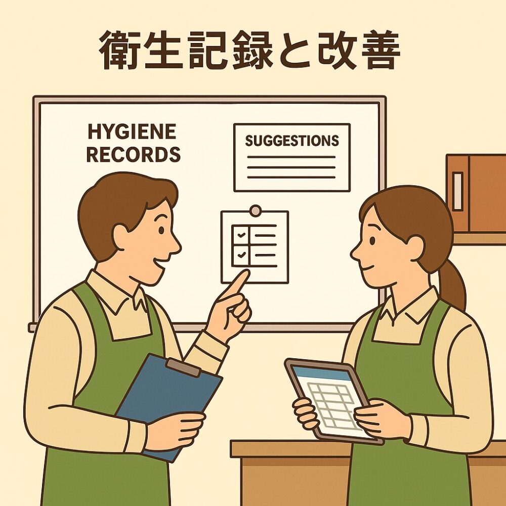 スタッフと一緒に記録を確認しながら改善策を共有する場面。ホワイトボードと記録ファイルを使用。