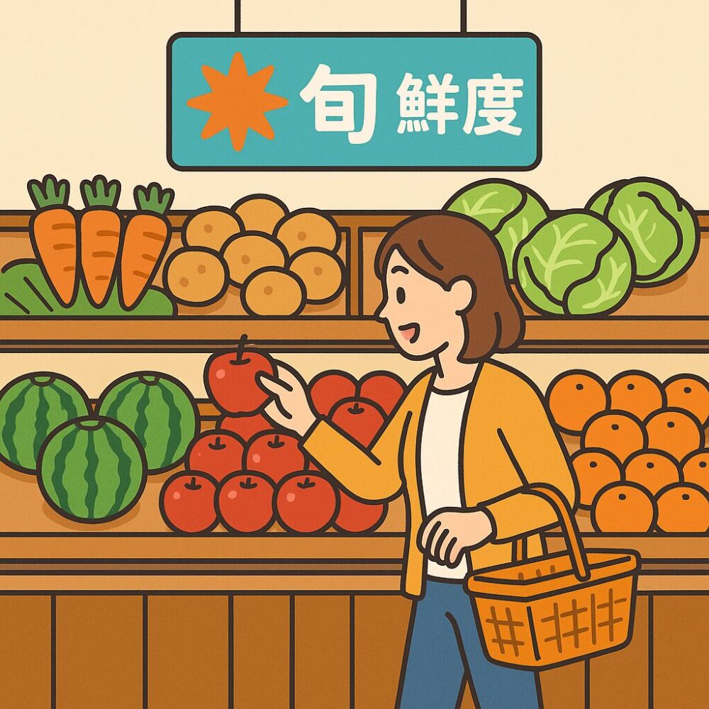 旬の野菜と果物が彩りよく並ぶ青果売場。お客様が手を伸ばし、「鮮度」や「旬」のPOPが売場の魅力を引き出す様子を表現。