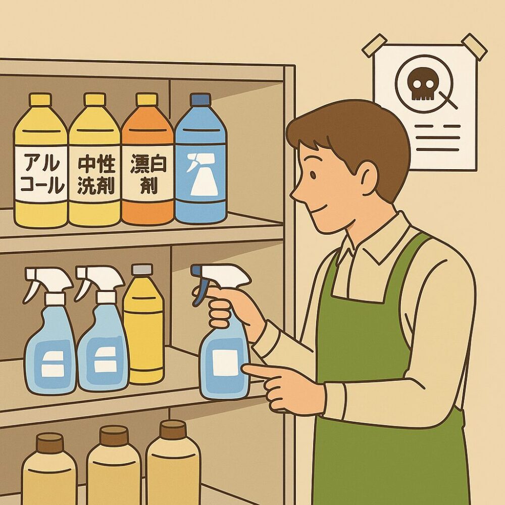 消毒液や洗剤の棚を点検し、ラベルや使用方法を確認しているスタッフの姿。安全管理の重要性を表現。