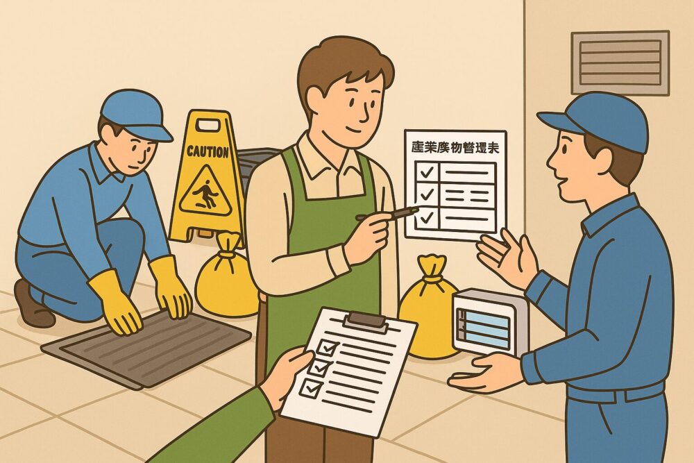 業者によるマット交換や産廃処理の様子と、それを確認するスタッフ。店舗外注衛生の管理体制を可視化。