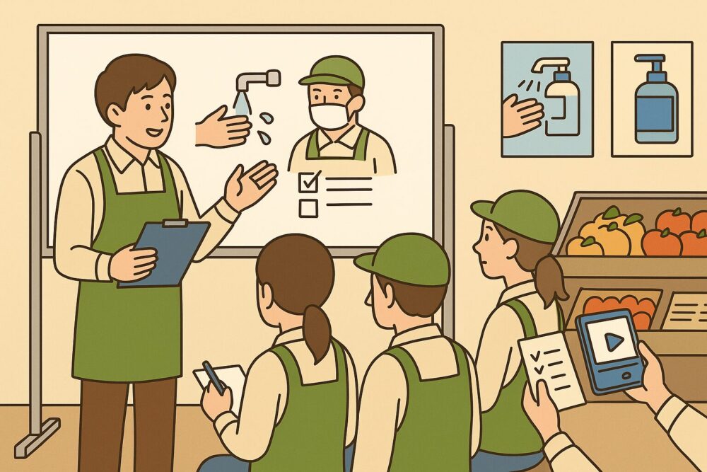 店長が衛生研修を行い、スタッフが真剣に受講する姿。掲示物や資料を通じて知識の定着を促す雰囲気。