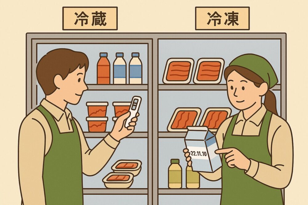 冷蔵温度のチェックと消費期限ラベルを確認するスタッフ。冷蔵・冷凍商品管理の重要性を伝える構成。