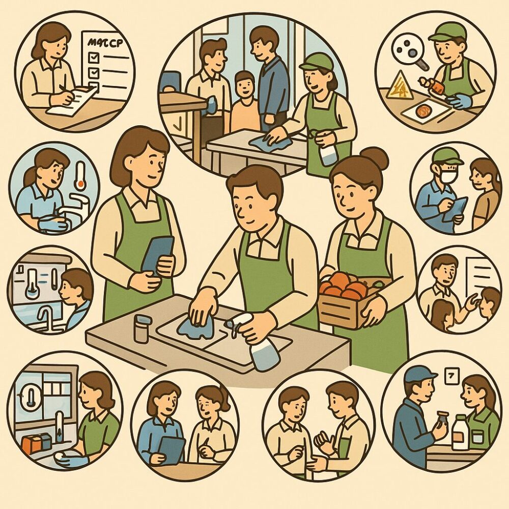 各章の要素(HACCP・チェック・清掃・温度・研修など)を1枚に集約。清潔で安全な店舗づくりの全体像を視覚で伝える構図。