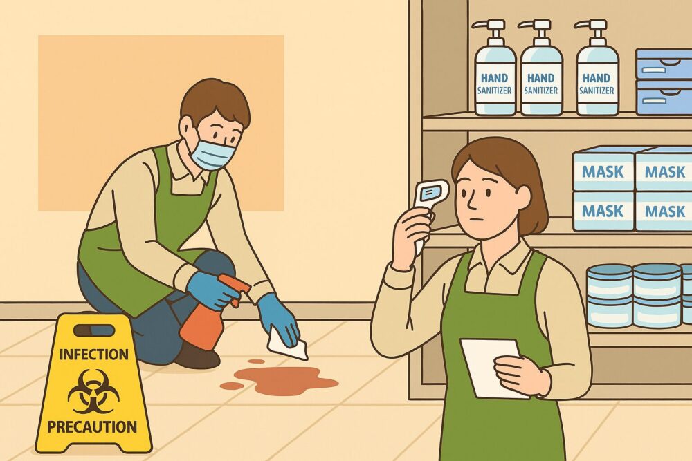 嘔吐物や液漏れの緊急清掃を行うスタッフと、体温チェックで健康管理を行う出勤時の様子を表現。