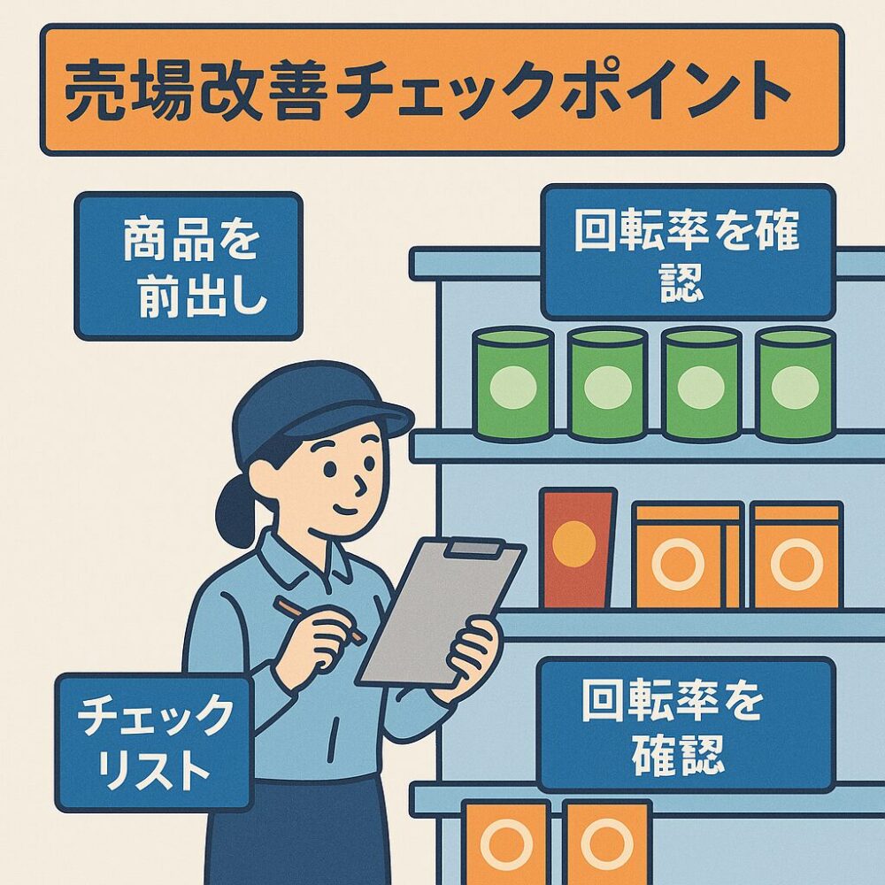 売場を巡回しながらクリップボードでチェックするスタッフ。「商品を前出し」「POP確認」「回転率を確認」など、改善ポイントが視覚的に示されている。