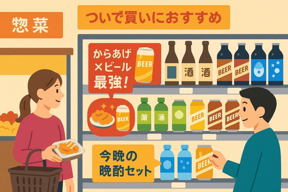 惣菜売場と隣接する酒類・飲料コーナーで、「からあげ×ビール最強!」というPOPが目を引く。買い物客が晩酌セットとしてビールを手に取る姿を描写。