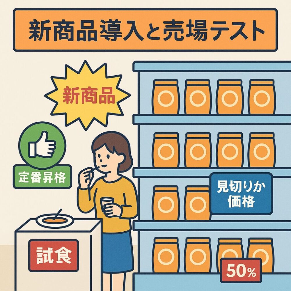 試食コーナーで新商品を味わうお客様。横には「定番昇格」「見切り価格」などのPOPが掲げられ、新商品導入の判断フローをイメージ。
