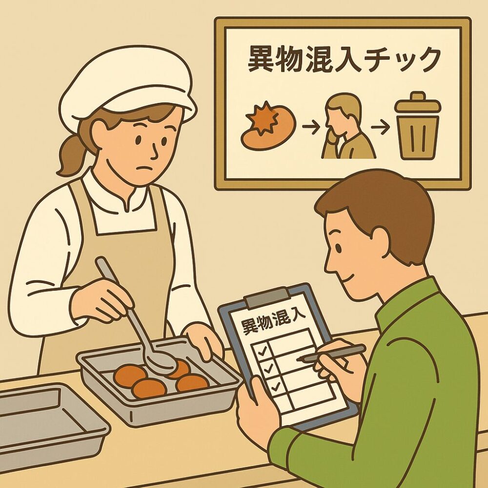 調理中に異物混入の有無を確認する様子と、対応マニュアルに沿った初動の流れを視覚化。