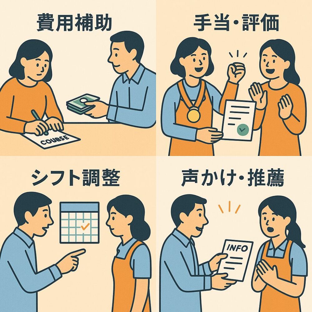 スタッフへの資格支援制度や声かけの好例・悪例を比較した図。OKな声かけとNGな対応を具体的に並べ、現場での活用を促す内容。
