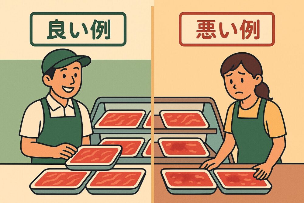 陳列の良い例(整列・光沢・清潔)と悪い例(崩れ・ドリップ・暗さ)を左右に比較。見た目の違いで売場印象が変わることを視覚化