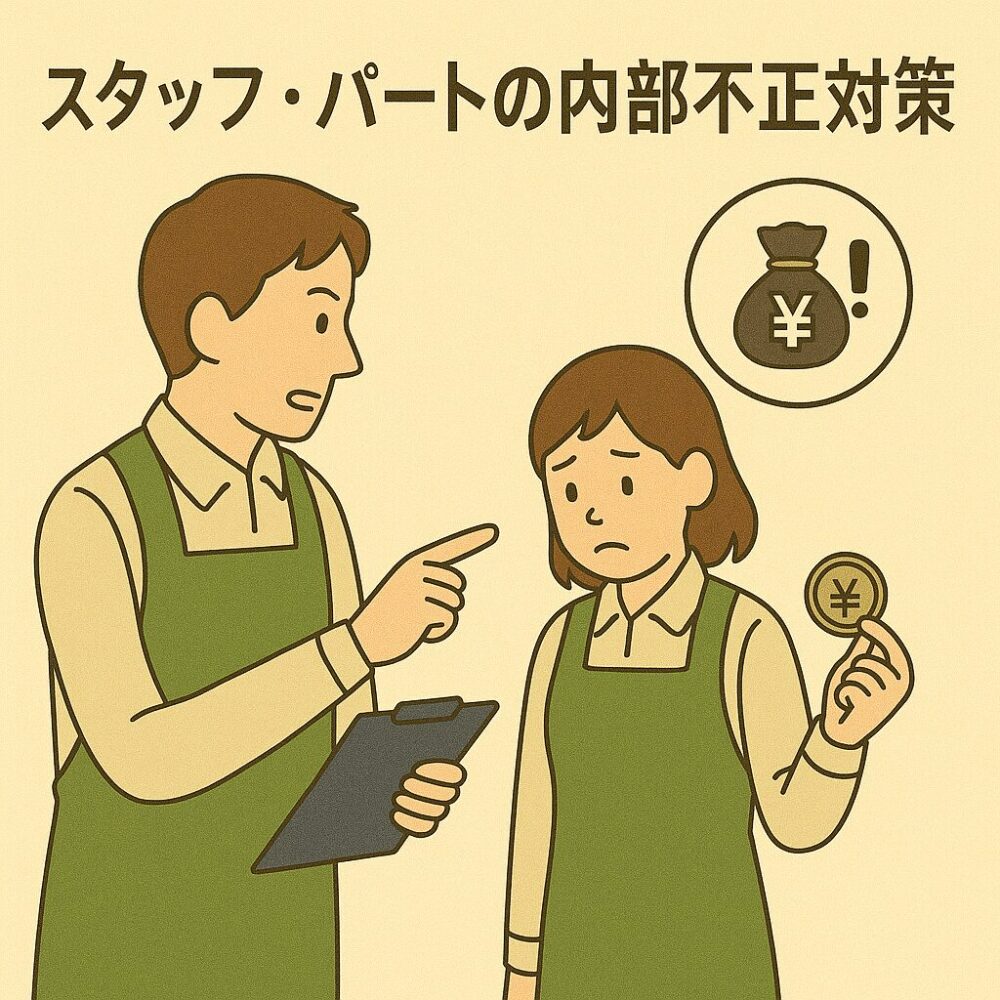 不正を疑われたパートスタッフと、それを注意する上司のやりとり。お金のアイコンが強調されている。