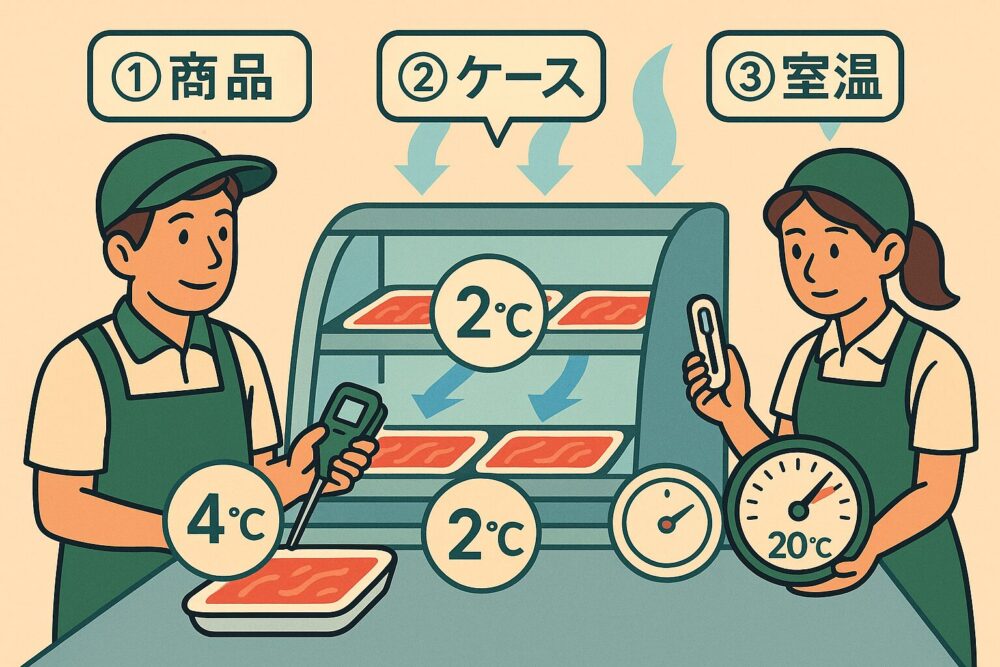 商品温度・ケース温度・室温をそれぞれチェックしているスタッフ、冷気の流れも含めた3点チェックの図解風構成