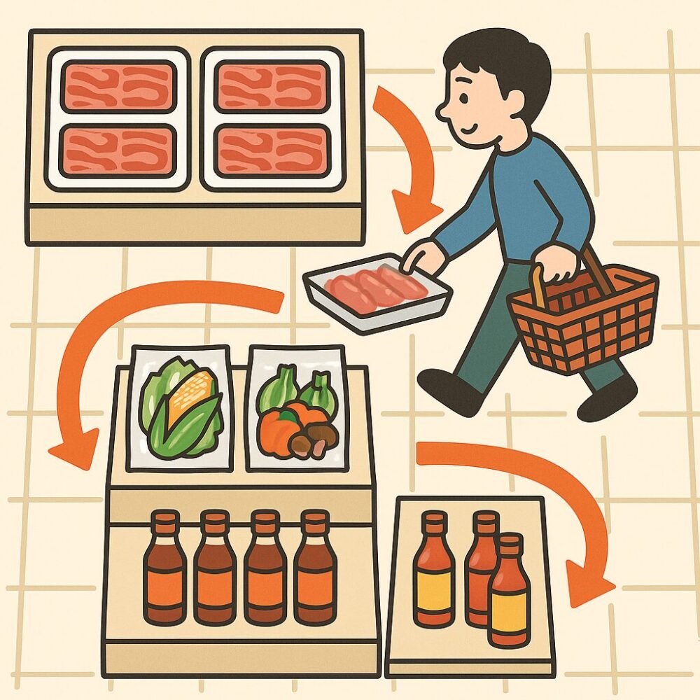 精肉・野菜・たれが一連の流れで配置され、ついで買いが発生するゾーニングの好例。