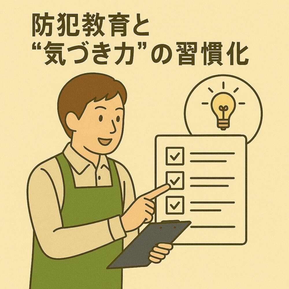 チェックリストを指差しながらスタッフに教育する様子。背景には電球アイコンで“気づき”を象徴。