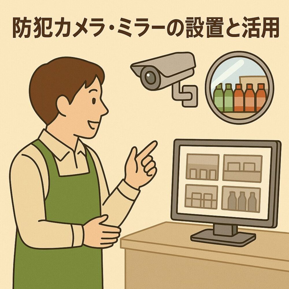 防犯カメラ、ミラー、モニターを指しながら説明するスーパーの従業員。監視システムの活用シーン。