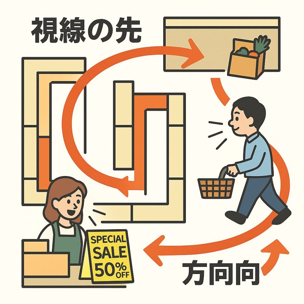 店内の動線と視線の流れを、矢印や誘導表示で示し“歩きたくなる構造”を表現。