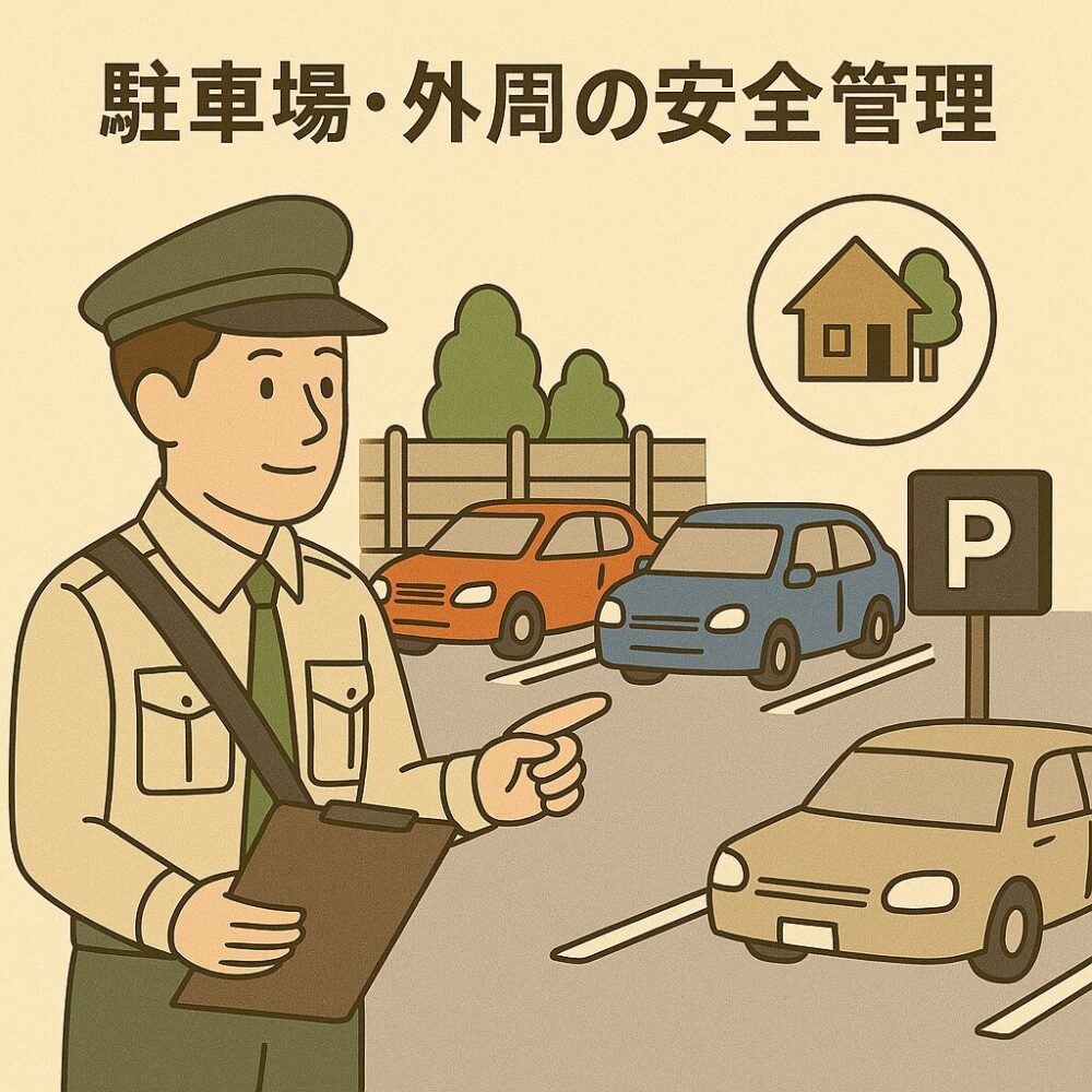 店舗の駐車場で警備員が車両と周囲の安全をチェックしている様子。背景にフェンスと植木。