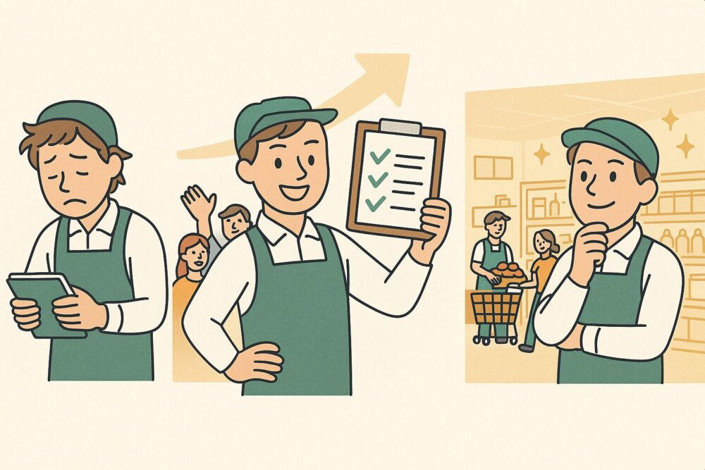 悩んでいた店長が、仕組み化を進めることでチームが動き出し、自信と成果を得るまでのストーリーを3シーンで表現。改善の希望が伝わる一枚です。