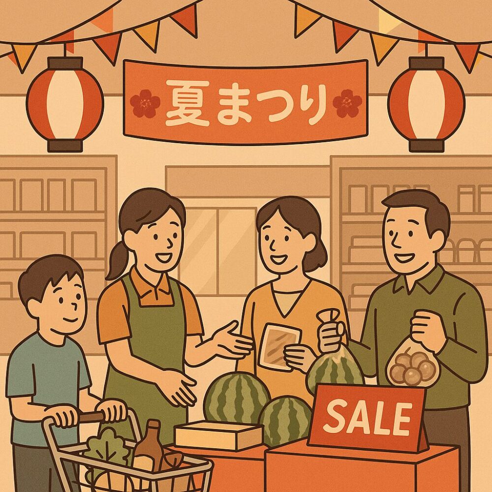 店内で特売コーナーがにぎわい、季節に合わせた装飾が施された売場。
POPや飾りを背景に、スタッフとお客様が活気ある表情を見せる、楽しい売場の雰囲気。