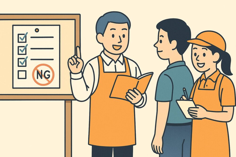 朝礼でルールを説明する店長と、それを真剣に聞くスタッフ。チェックリストや掲示物も登場し、伝える工夫を表現。