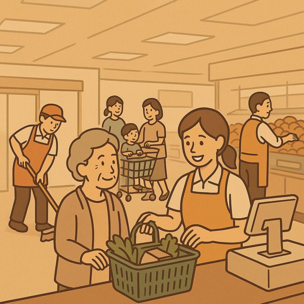 レジ接客・清掃・商品整理など、日々の地道な業務を丁寧にこなすスタッフたち。
お客様が安心して買い物する様子を通じ、「信頼は日々の積み重ねで生まれる」ことを視覚的に伝える構図。