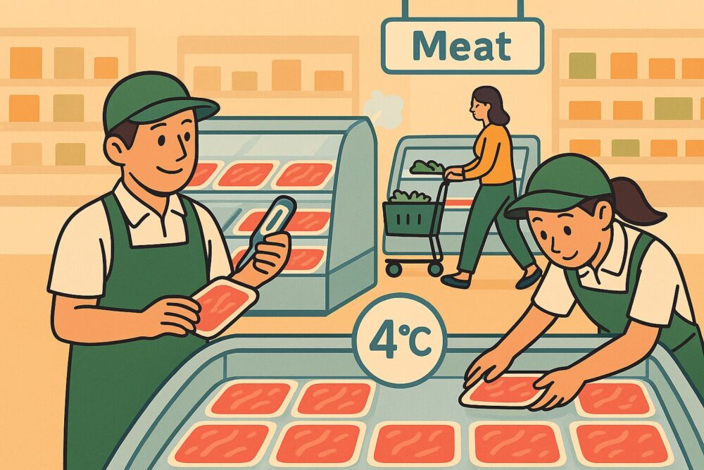 スーパー精肉売場の全景:スタッフが陳列中、お客様が買い物、温度表示のある冷蔵ケースなど、“精肉売場の1日”が1枚に