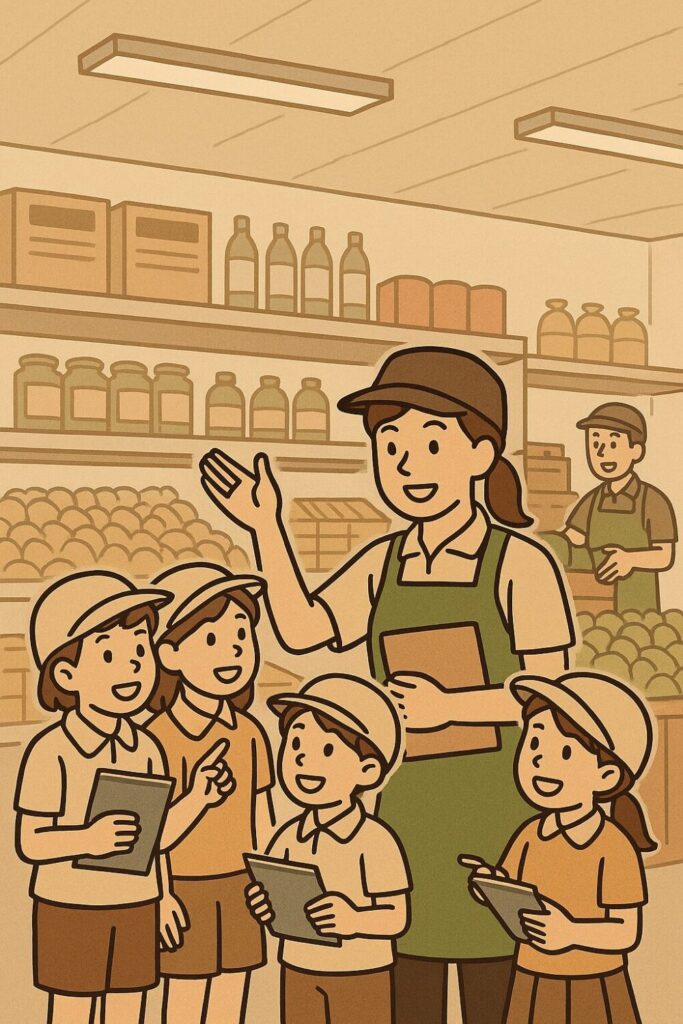 店員が売場やバックヤードで子どもたちに説明するシーン。
帽子をかぶった小学生が見学や体験学習を行っており、「学びの場」としてのスーパーの姿を表現。