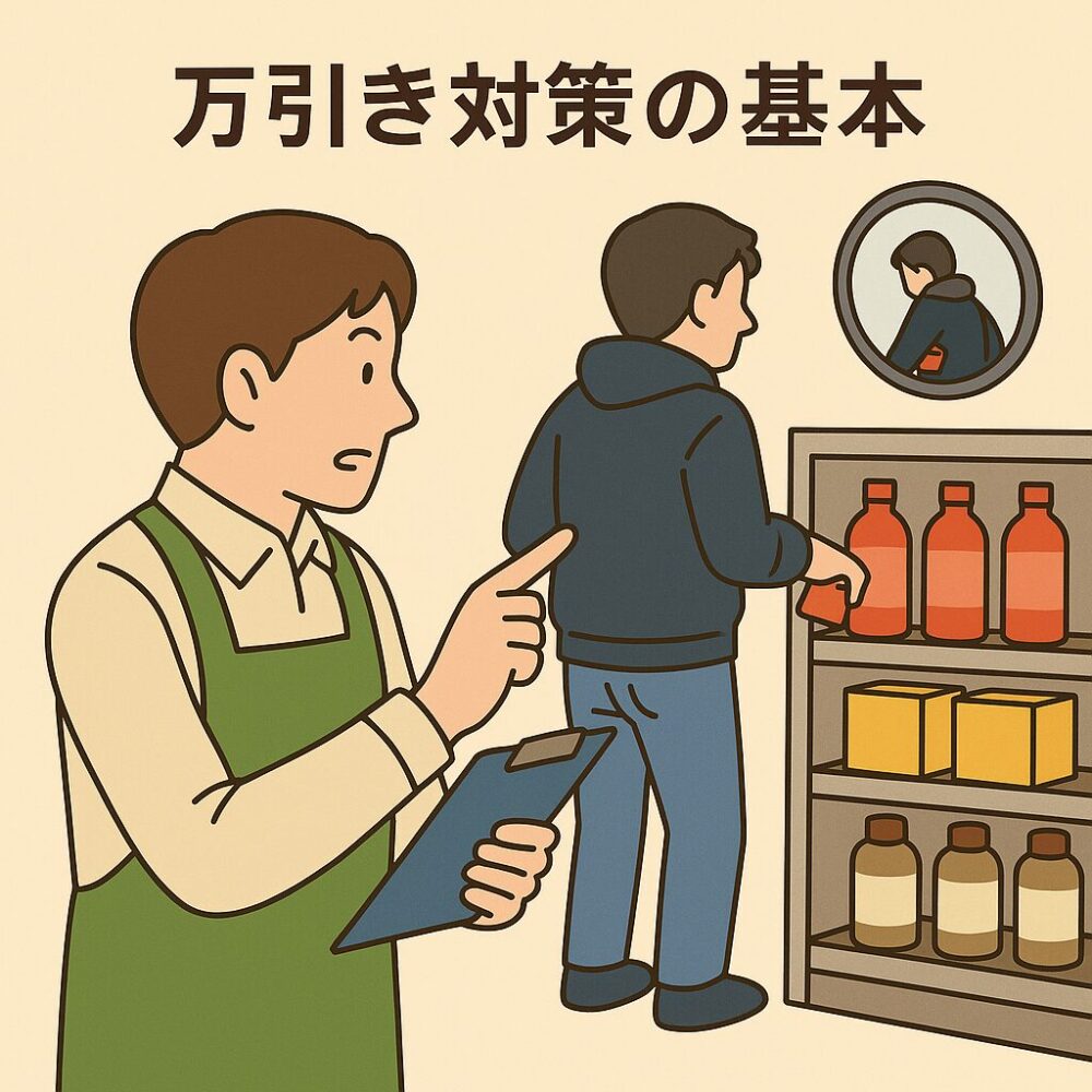 [万引き犯に気づいた店員がクリップボードを持ち、犯行を示すように指差している様子。背景には防犯ミラーと商品棚。](image1.png)