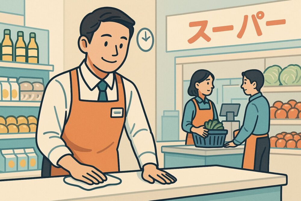 掃除や接客、時間管理などを真面目にこなす店長の姿。その後ろで真似するスタッフたち。言葉以上に行動が伝わる構成。