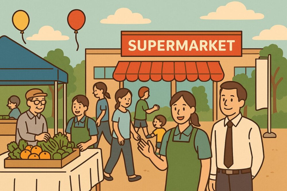 店舗前の広場で開かれる地域イベントの様子。
テントやのぼり、地元野菜の販売コーナー、親子や子どもたちが楽しそうに集い、にぎやかで温かい雰囲気が伝わる。