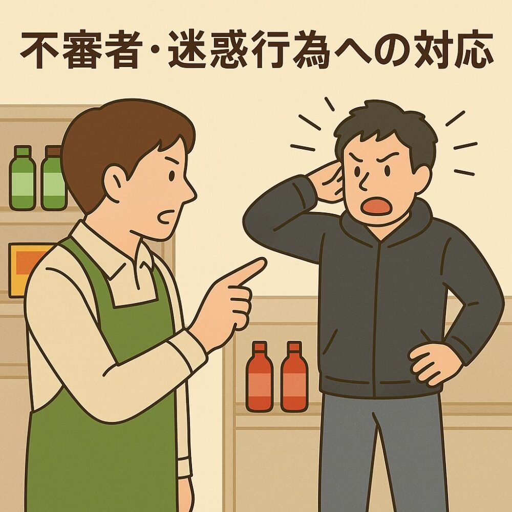 フードをかぶった不審な客に対して、毅然とした態度で指導するスーパーの店員。