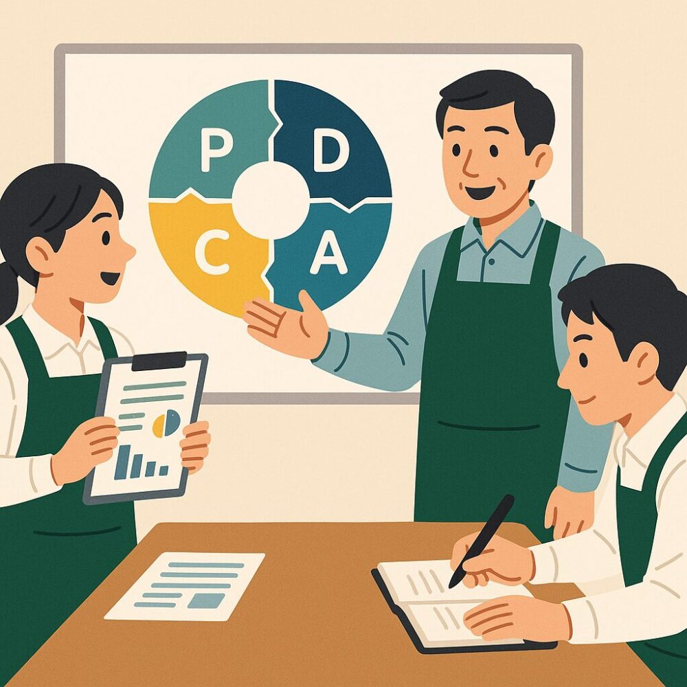 PDCAサイクルを用いてイベントの振り返りと改善を話し合うスタッフたちの様子。