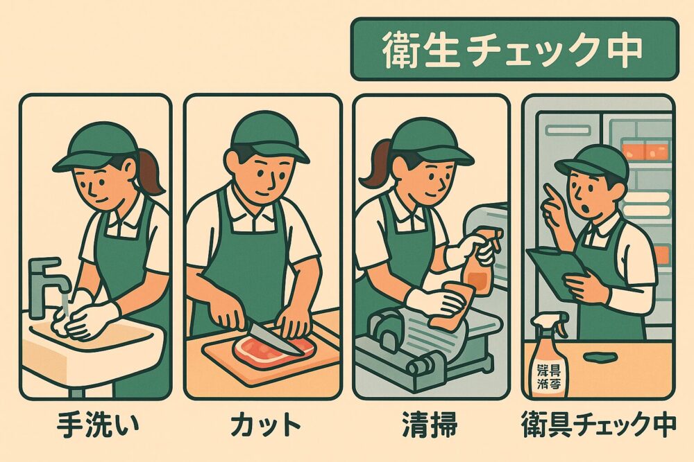 スタッフが手洗い・作業器具を消毒・清掃している様子をフロー形式で表現。食品事故を防ぐ現場の努力が伝わる構成