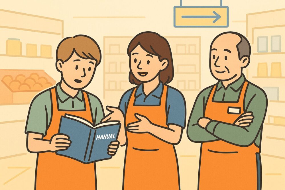 新人・中堅・ベテランを表す3人のスタッフが並ぶ構成。背景にはそれぞれの教育スタイル(マニュアル・研修・指導)が描かれている。