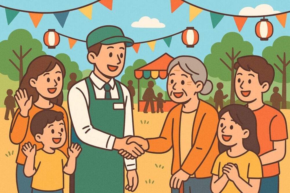 「地域イベント」で交流するスーパー店長と地域住民たちのにぎやかな様子。