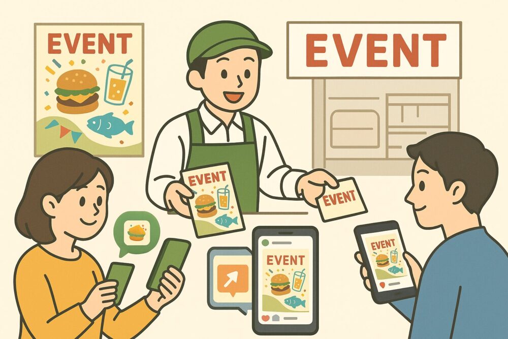 チラシ配布、LINE通知、SNS投稿、店頭POPなど、多様な告知活動の様子。