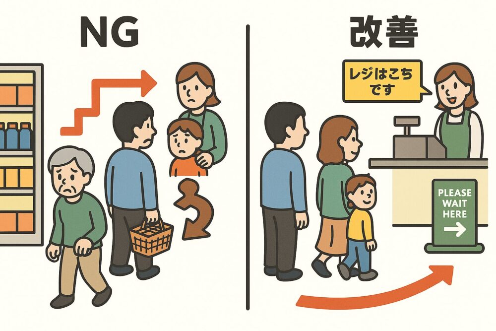 レジ前で混雑するNG構造と、棚配置や案内表示で動線が整った改善例を並べて対比。
