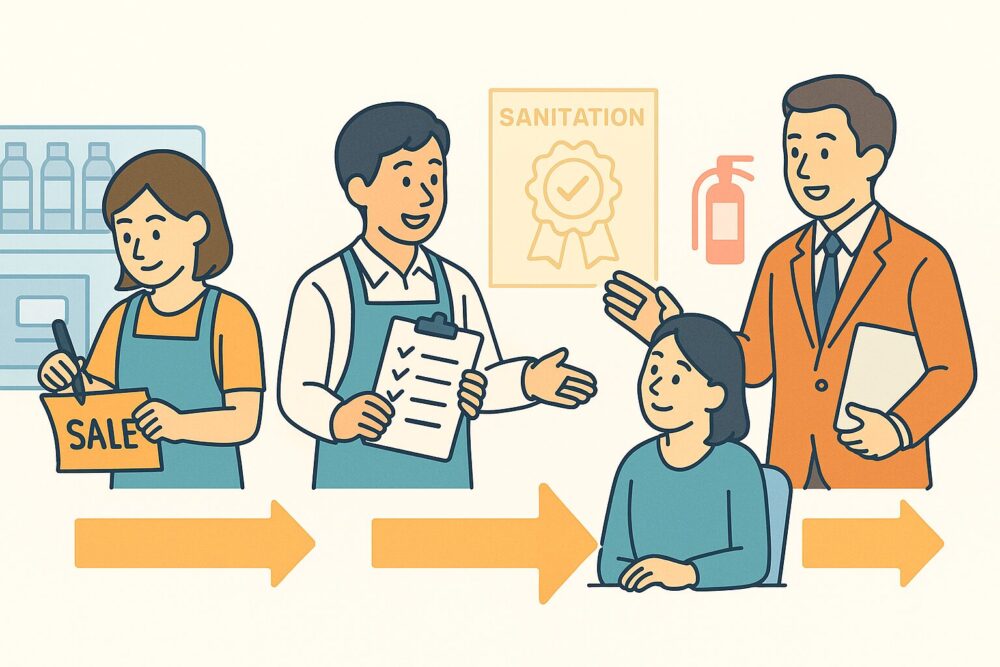 パートから社員、そして店長までのキャリアパスをイラストで表現。資格取得がキャリアの後押しになることを視覚的に示している図解。