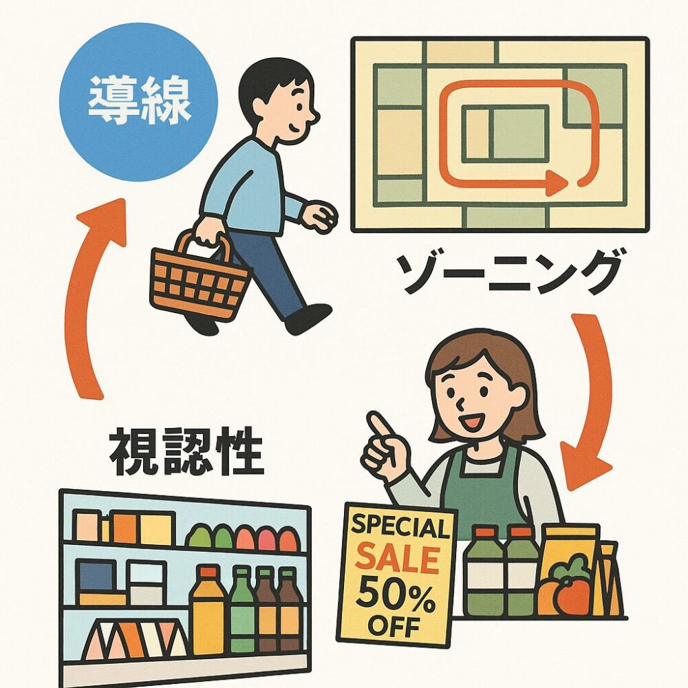 導線・ゾーニング・視認性の3要素が、売上アップにどのように影響するかを視覚的に表現した全体構図。