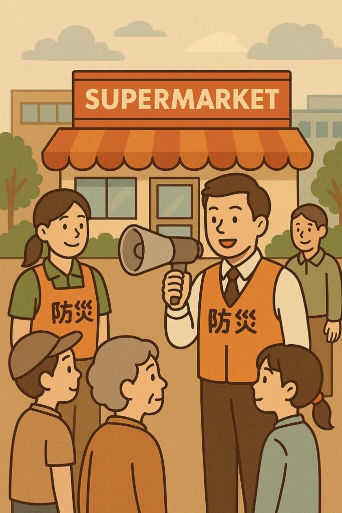 店長やスタッフが防災ベストや拡声器を手に説明し、
子どもや高齢者が安心して参加している様子。防災・見守りを通じた地域貢献がテーマ。