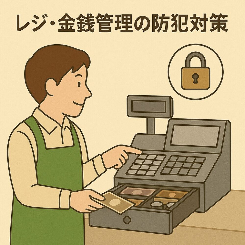 現金を扱うレジで、安全管理を意識しながら作業する男性従業員。鍵のアイコン付き。