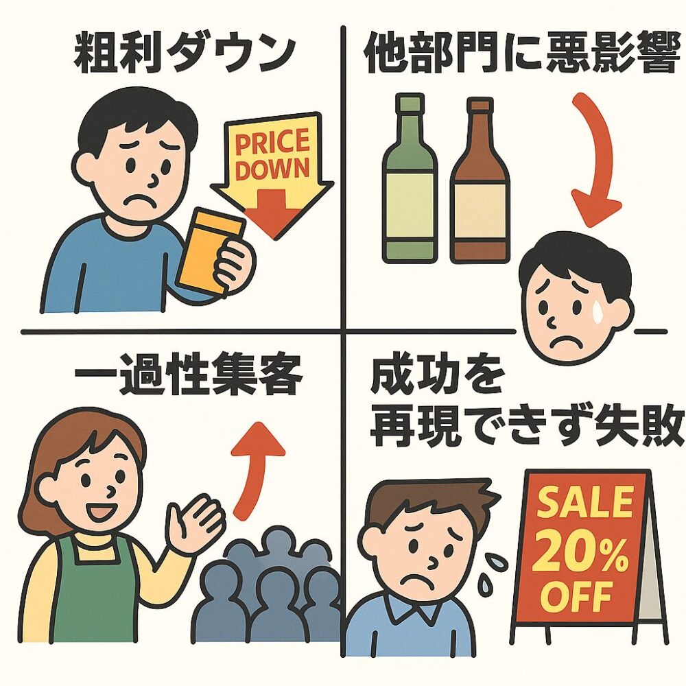 販促のよくある4つの失敗例(粗利減・他部門悪影響・リピート無し・再現失敗)を並列比較した4コマスタイルのイラスト。
