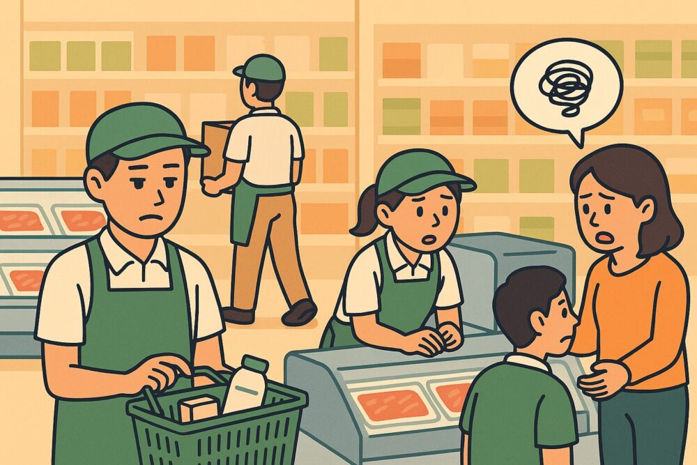 向いていない人の兆候	売場で無表情のまま作業する新人スタッフと、困惑する先輩スタッフの様子。連携が取れず、雰囲気が悪くなっている現場を描写。
