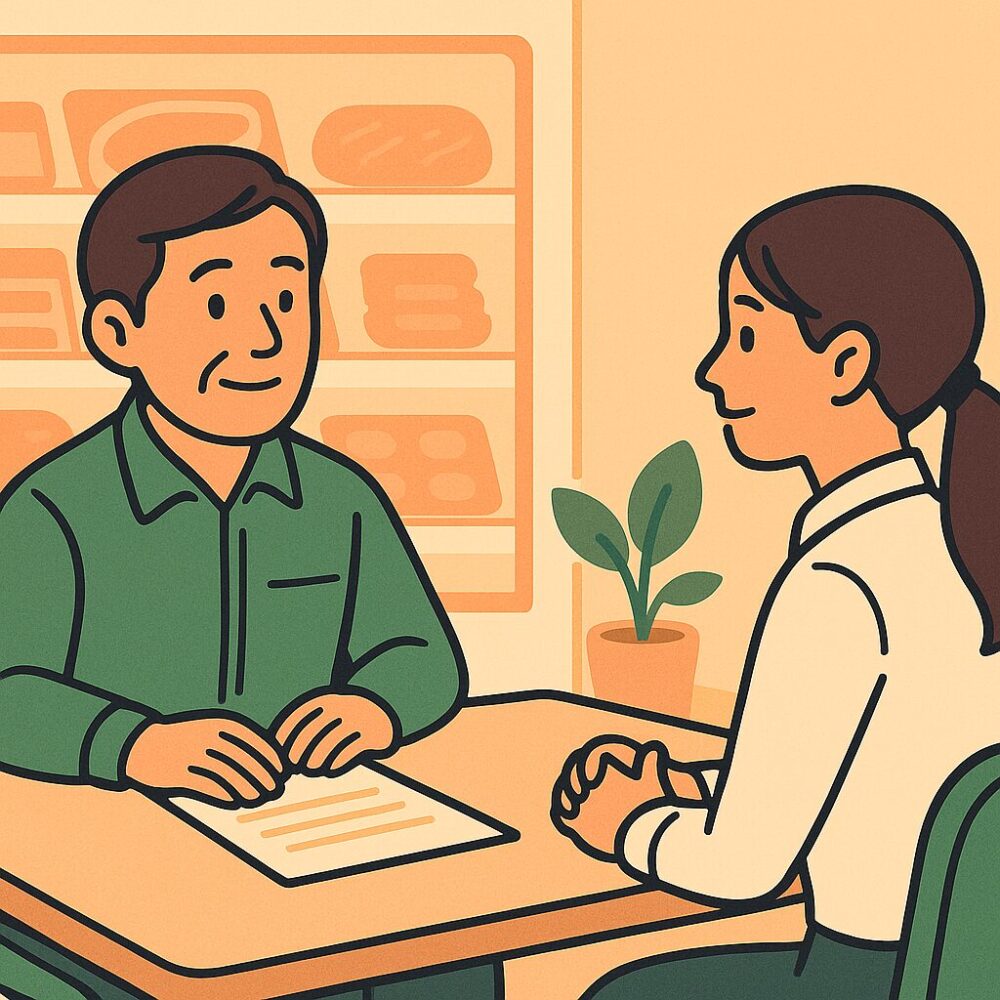 面接で見抜く5つの質問	面接室で採用担当者と応募者が向かい合っている様子。表情・姿勢だけで「質問に対する反応」を視覚的に描いた、吹き出しなしの面接シーン。