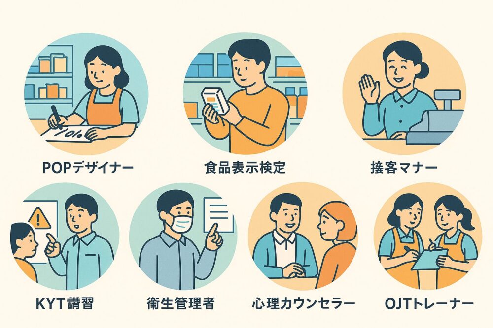 売場力やマネジメント力向上に役立つ民間資格を、接客・安全・教育の軸で分類したマトリクス図。スタッフ育成や店舗強化に効果的な資格を整理。